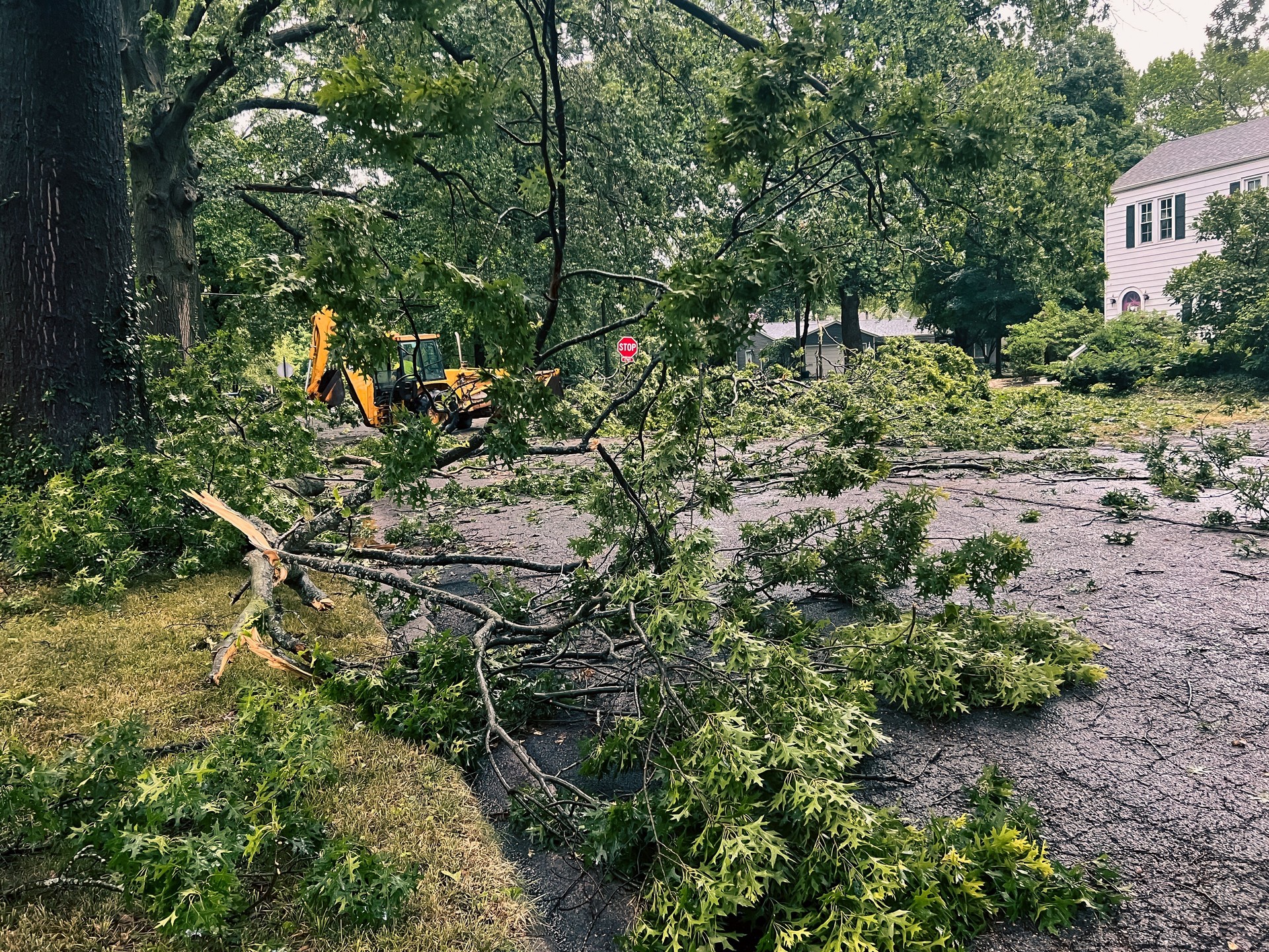 Backhoe Cleaning up Residential Street Following a Severe Weather and Tornado Touchdown